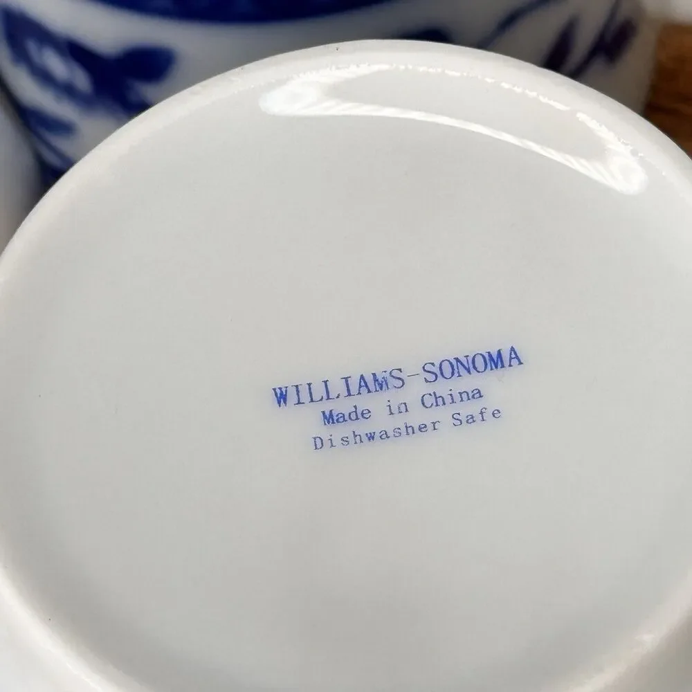 4 Williams Sonoma  Blue White Tea Coffee Cup Mugs Bird Birds on The Branch